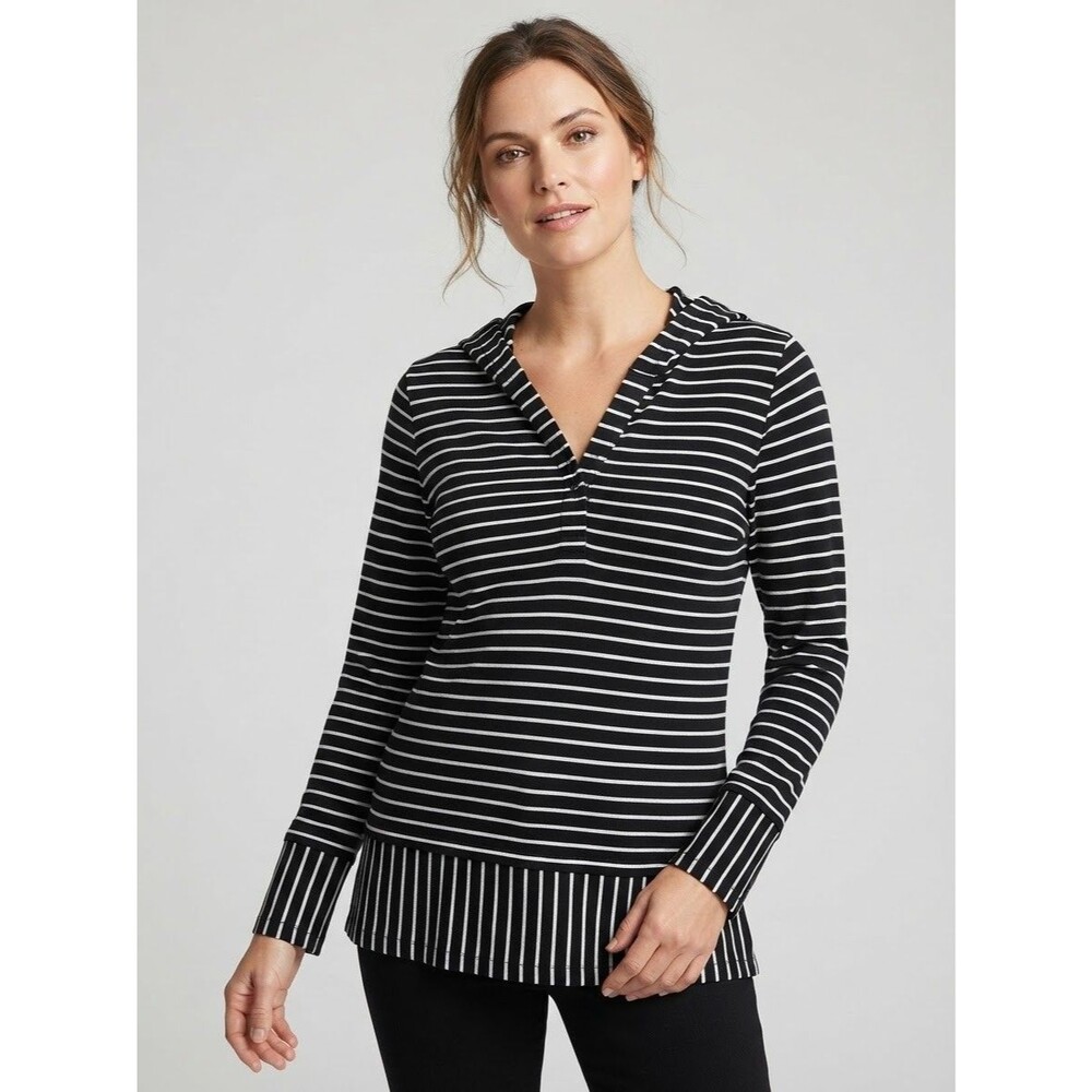 J.Jill Pullover Hoodie Black White Striped Tunic Casual Activewear L Stretchy